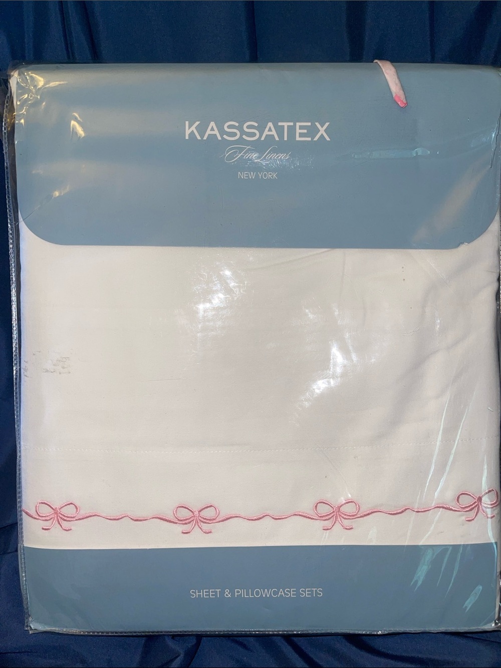 Kassatex Fine Linens White Sheet Set with Pink Bow Trim